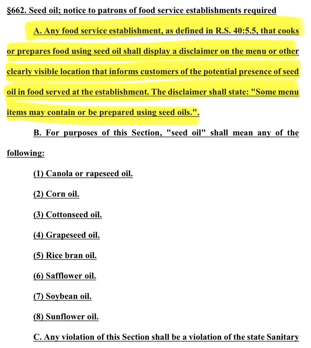 markeatsmeat's tweet image. Seed Oil Labeling Will Be Mandatory in Louisiana Restaurants
Starting January 1, 2028, restaurants and food service establishments in Louisiana must post a visible disclaimer if they use or cook with seed oils:
“Some menu items may contain or be prepared using seed oils.”