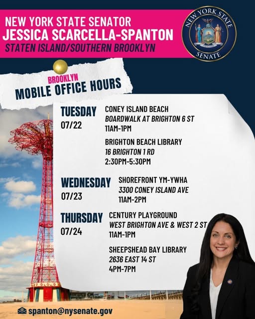 AmusingZillion's tweet image. This week @NYSenator_JSS has mobile office hours in Coney Island & adjacent neighborhoods. She's 1 of 6 on Gaming Facility Board's Community Advisory Cmte who will vote on the Coney casino & appointed herself. Tell her your thoughts on @NoCasinoInConey in person, via phone/email