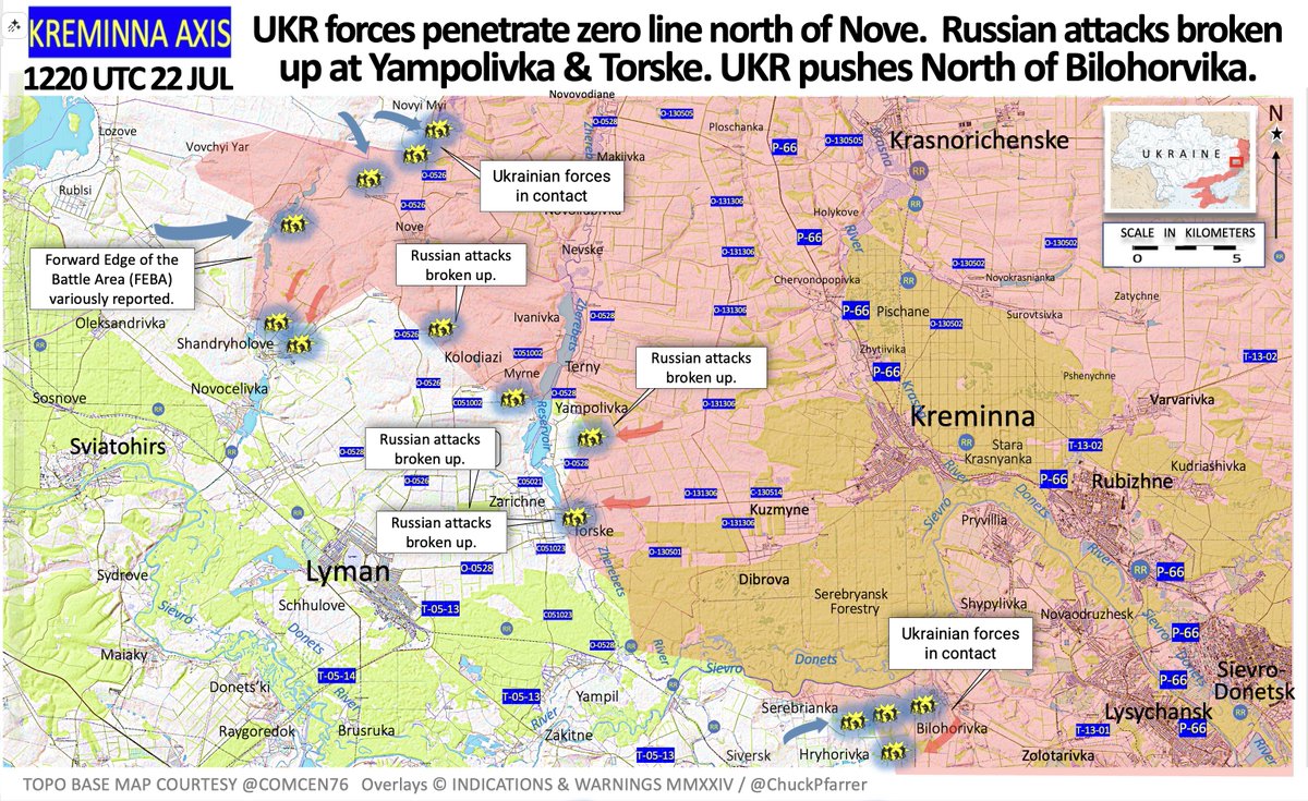 ChuckPfarrer's tweet image. KREMINNA AXIS /1220 UTC 22 JUL/ UKR forces penetrate zero line north of Nove. Russian attacks broken up at Yampolivka & Torske. UKR pushes North of Biliohorvika.