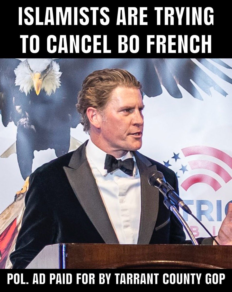 BoFrenchTX's tweet image. Did you see radical Islamists are demanding I resign as the Tarrant County GOP Chair?
They hate the work I have done to expose them as a threat and now they're organizing a push to get me to step down.
I am not backing down and neither is the Tarrant County Republican Party.…