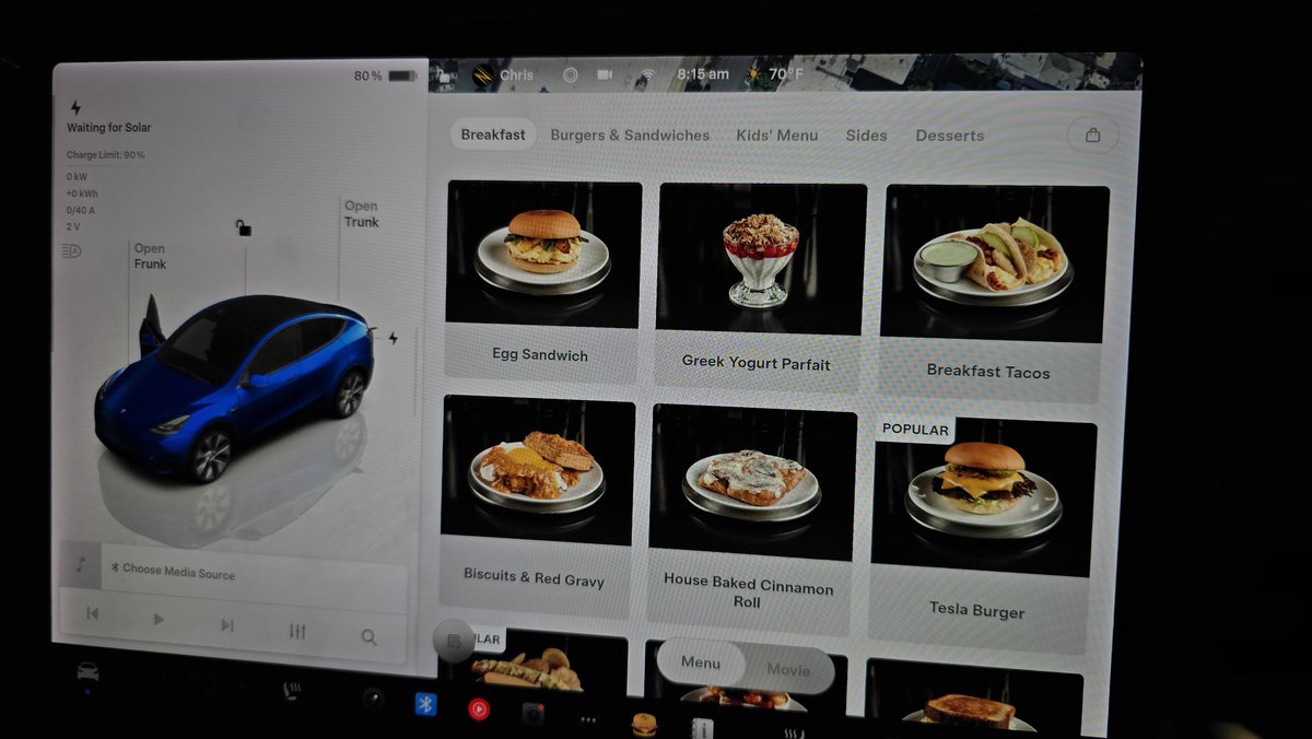 DirtyTesLa's tweet image. Cool that I can see the Tesla Diner menu in my Tesla and even see the movie selection from thousands of miles away
