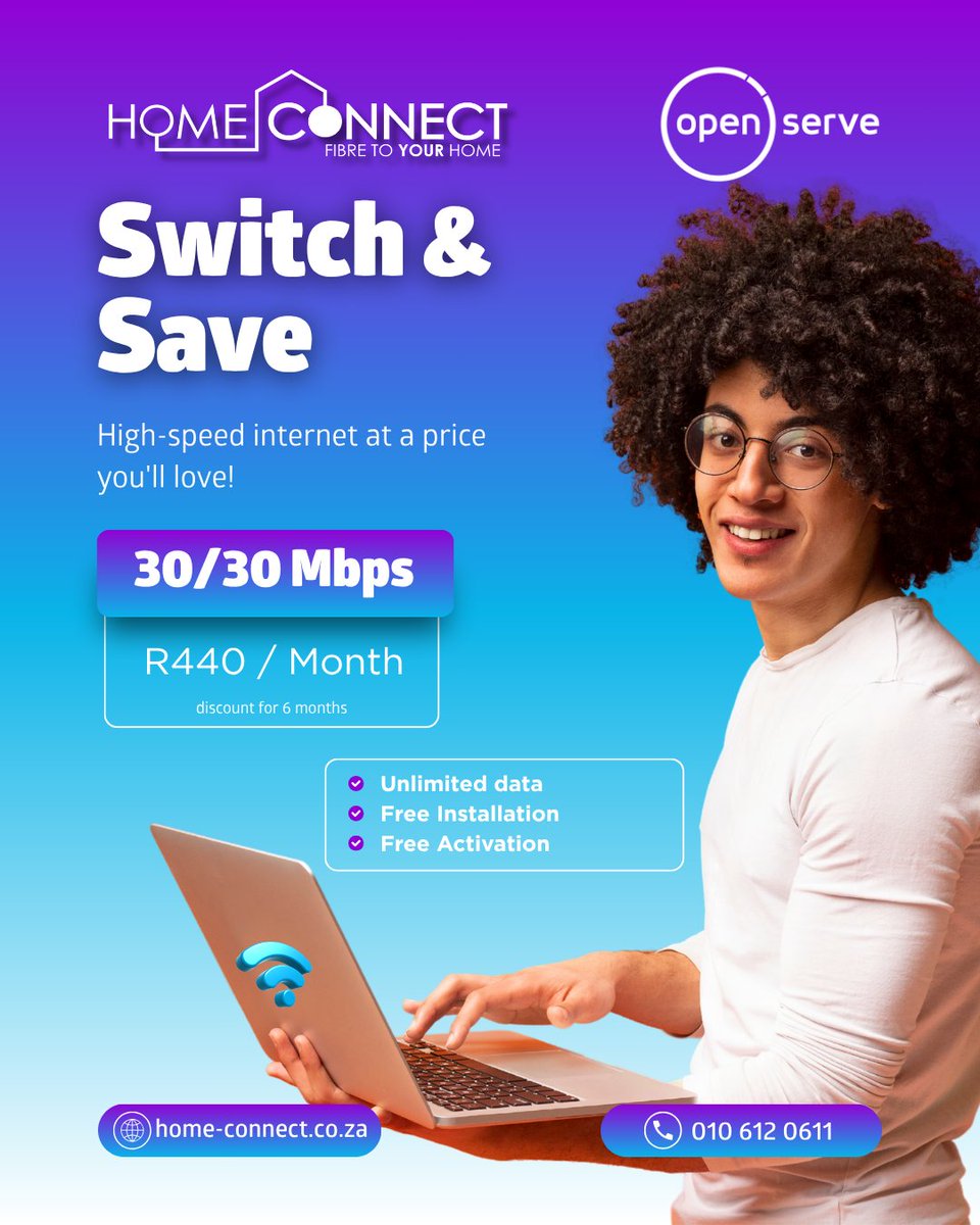 High-speed internet at a price you will love on Openserve 🔥📶
Get 6 months discounted pricing with:
✅Unlimited internet
✅Free installation
✅Free activation
Sign up at home-connect.co.za/#openserve💜
#HomeConnect #Openserve #fibre #internetserviceprovider