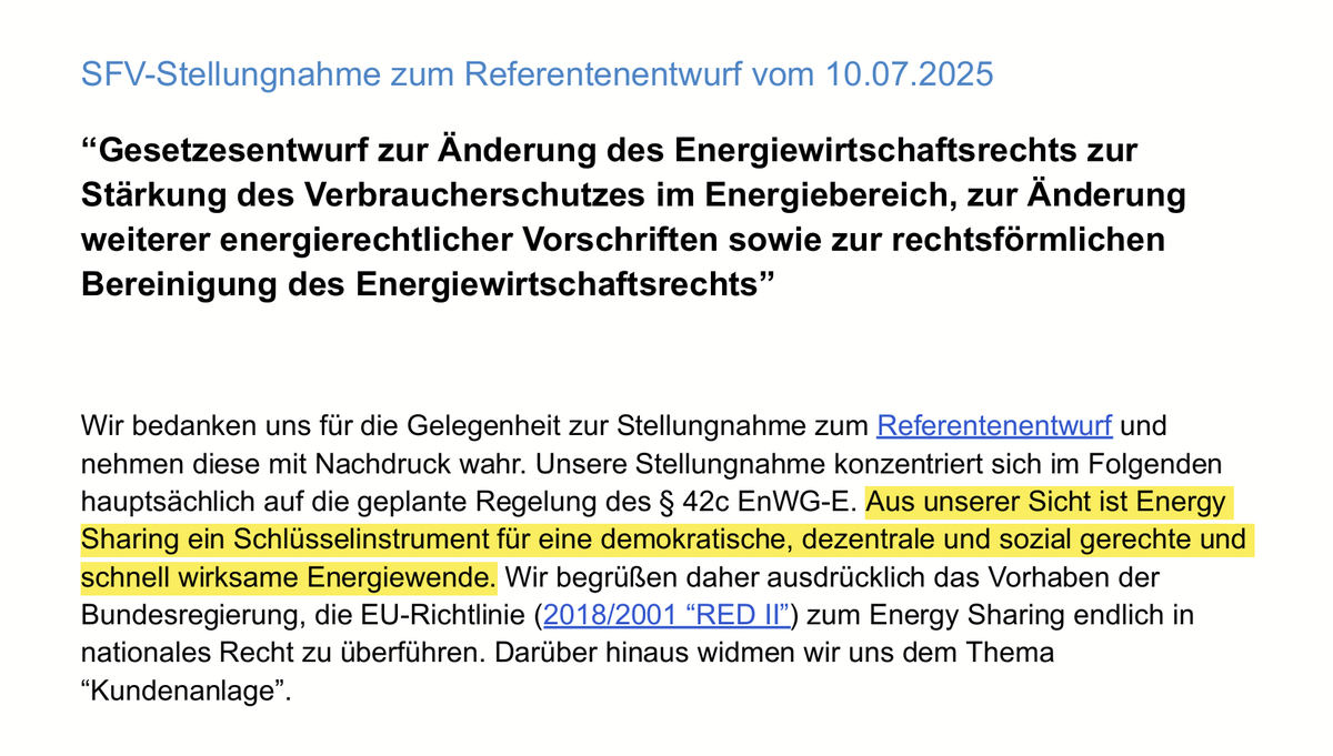 sfv_de's tweet image. +++ STELLUNGNAHME: #EnergySharing +++
#SFV reagiert auf den Referentenentwurf und ordnen die neusten Überlegungen vom @BMWE_ ein!
Vieles ist gut, aber für den Durchbruch reicht es nicht: Zu viel Bürokratie, keine Förderung für lokale Stromverteilung...
👉sfv.de/energy-sharing…