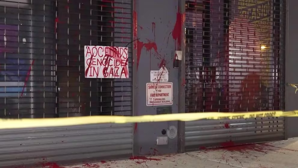 CombatASemitism's tweet image. If even AOC isn't radical enough for the "Globalize the Intifada" crowd, what does that tell you?
Her NYC office was vandalized, with "AOC FUNDS GENOCIDE IN GAZA" written in red paint across the door, as she faced far-left backlash over a vote for missile defense aid to Israel.