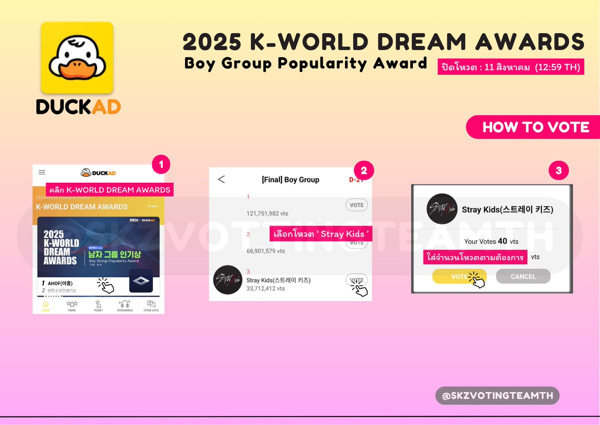[🏆 2025 K-WORLD DREAM AWARDS]

🗳️ โหวตให้ #StrayKids ผ่านแอป DUCKAD สาขา Boy Group Popularity Award  

📱Android: bit.ly/3GtBgP1
📱iOS: bit.ly/4eEHDf9

ใส่ Referral code ➡️ 111034858594737165172
(ไปที่แท็ป Recommend &gt; วางโค้ด &gt; ✏️)

🚫 ปิดโหวต 11 AUG 12:59TH