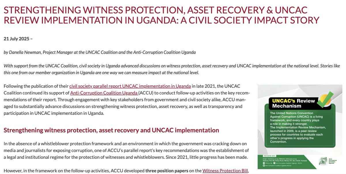 uncaccoalition's tweet image. In Uganda 🇺🇬, we supported civil society advocacy for stronger witness protection, asset recovery, and more transparency & participation in the UNCAC review process
✨@Accu_Ug held meetings with key stakeholders to advance these issues
Find out more ➡️ uncaccoalition.org/strengthening-…