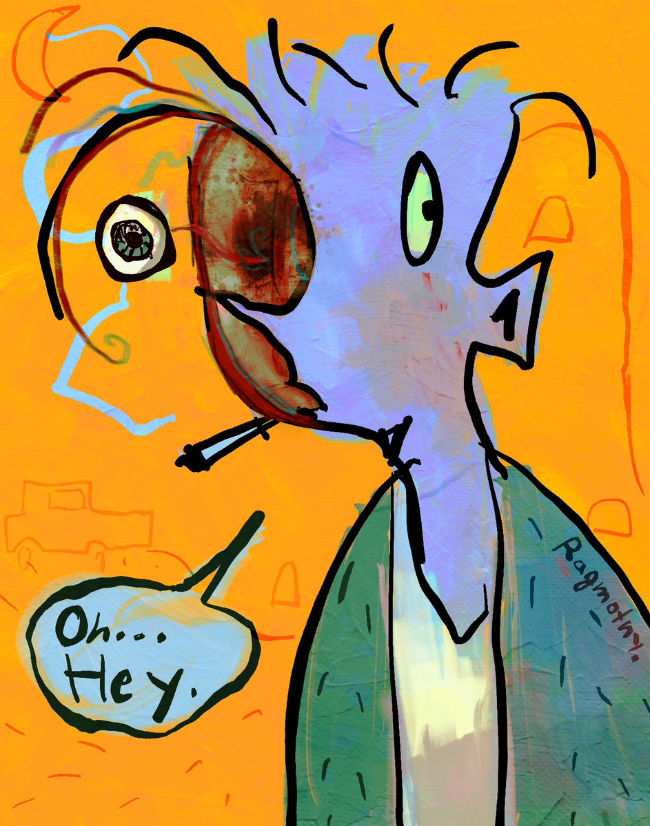 Ragmothy's tweet image. Another prompt from my teacher was to try pop art so here’s this Rodney greenblatt looking thing