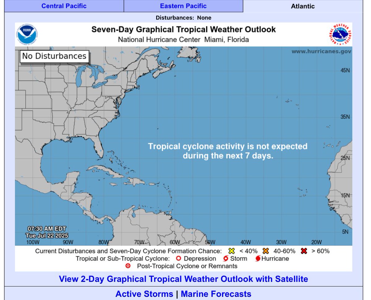 #NHC #8AM 22/07/2025
El Centro Nacional de Huracanes ha retirado el seguimiento a la Onda Tropical etiquetada como #Invest94L. O sea, ya este sistema perdió las probabilidades de convertirse en un ciclón tropical. 
#TemporadaCiclónica2025