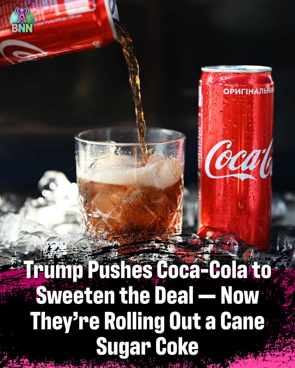 BNNetwork634's tweet image. Trump Pushes Coca-Cola to Sweeten the Deal — Now They’re Rolling Out a Cane Sugar Coke 🥤🇺🇸
Looks like President Trump is getting results again — Coca-Cola just confirmed it’s launching a brand-new Coke made with real U.S. cane sugar this fall, after Trump publicly nudged them…