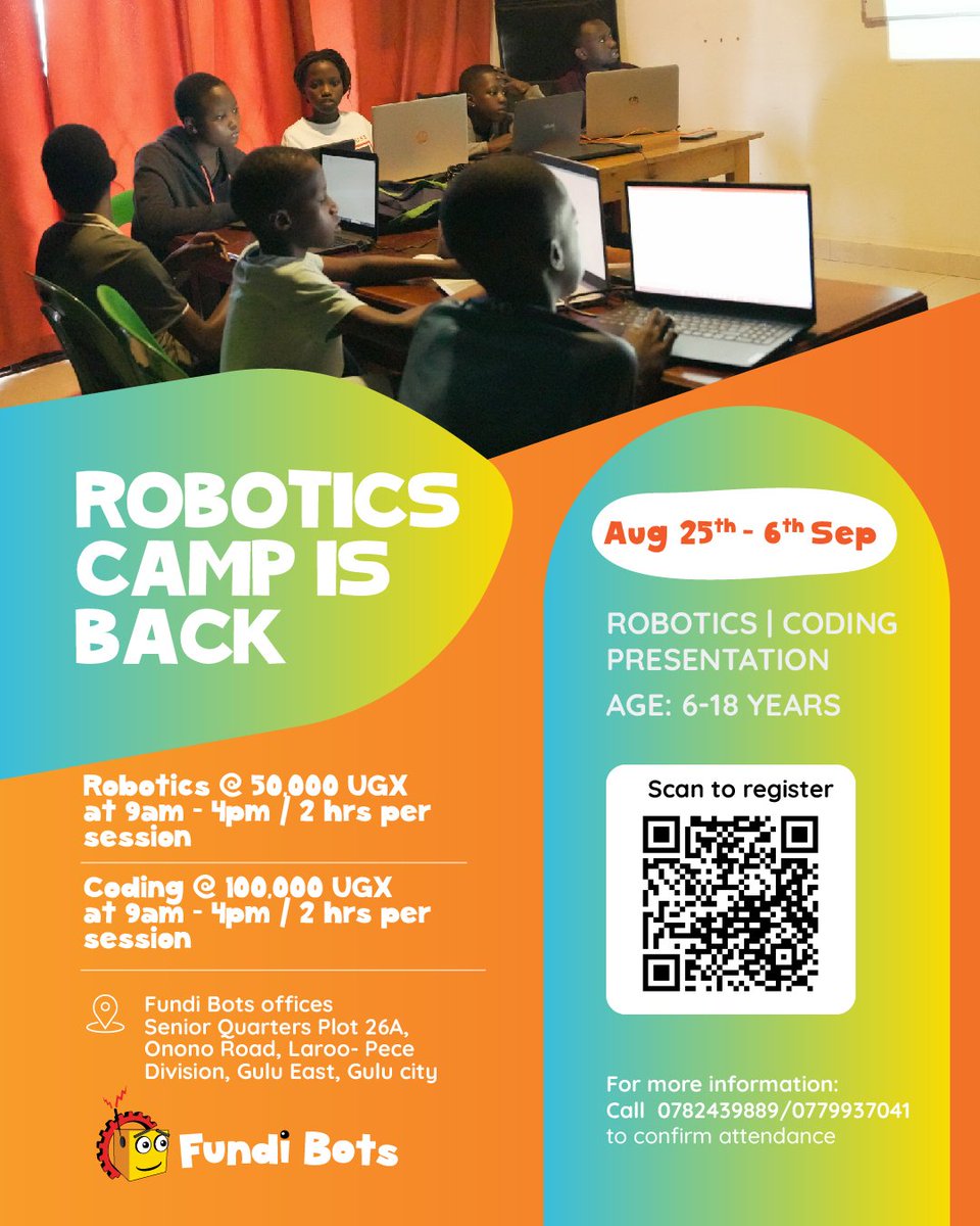 📣 Registration for the AUGUST Holiday Robotics Camp is now open💃 

🗓️ August 25th - 6th September 2025!

➡️Suitable for 6-18 years

📍Kampala, Gulu, Mbarara and Mbale.

Book your child's here:fundibots.org/holiday-roboti…
#WeareFundi