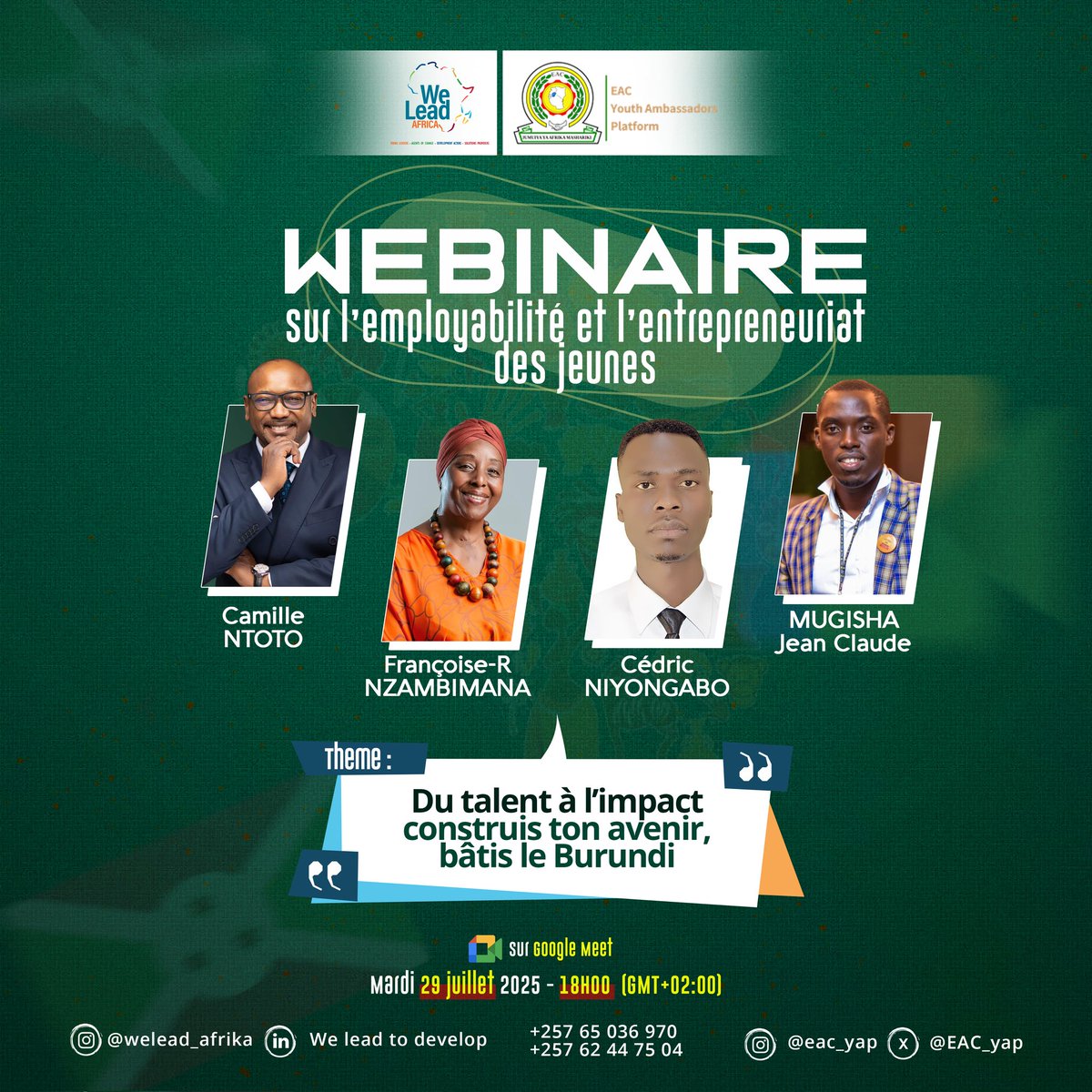 🎙️ WEBINAIRE - ENTREPRENEURIAT &amp; IMPACT
Co-organisé avec WeLead Afrika

Tu veux entreprendre, t'engager, faire bouger les lignes ?
Rejoins-nous le 29 juillet 2025 sur Google Meet !

4 intervenants 🔥

+ 2 speakers surprises 
📲 Inscris-toi ici 👉 welead.emotouchgroup.com