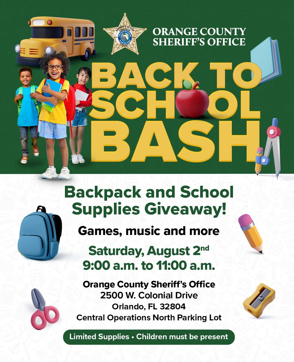 OrangeCoSheriff's tweet image. 🎉 CALLING ALL STUDENTS & FAMILIES! 🎒
Get ready for the new school year at our Back to School Bash!
📅 Saturday, August 2
🕘 9:00 a.m. – 11:00 a.m.
📍 2500 W. Colonial Drive (Our Headquarters)
Join us for a FREE and fun-filled morning with:
✅ Free backpacks & school supplies…