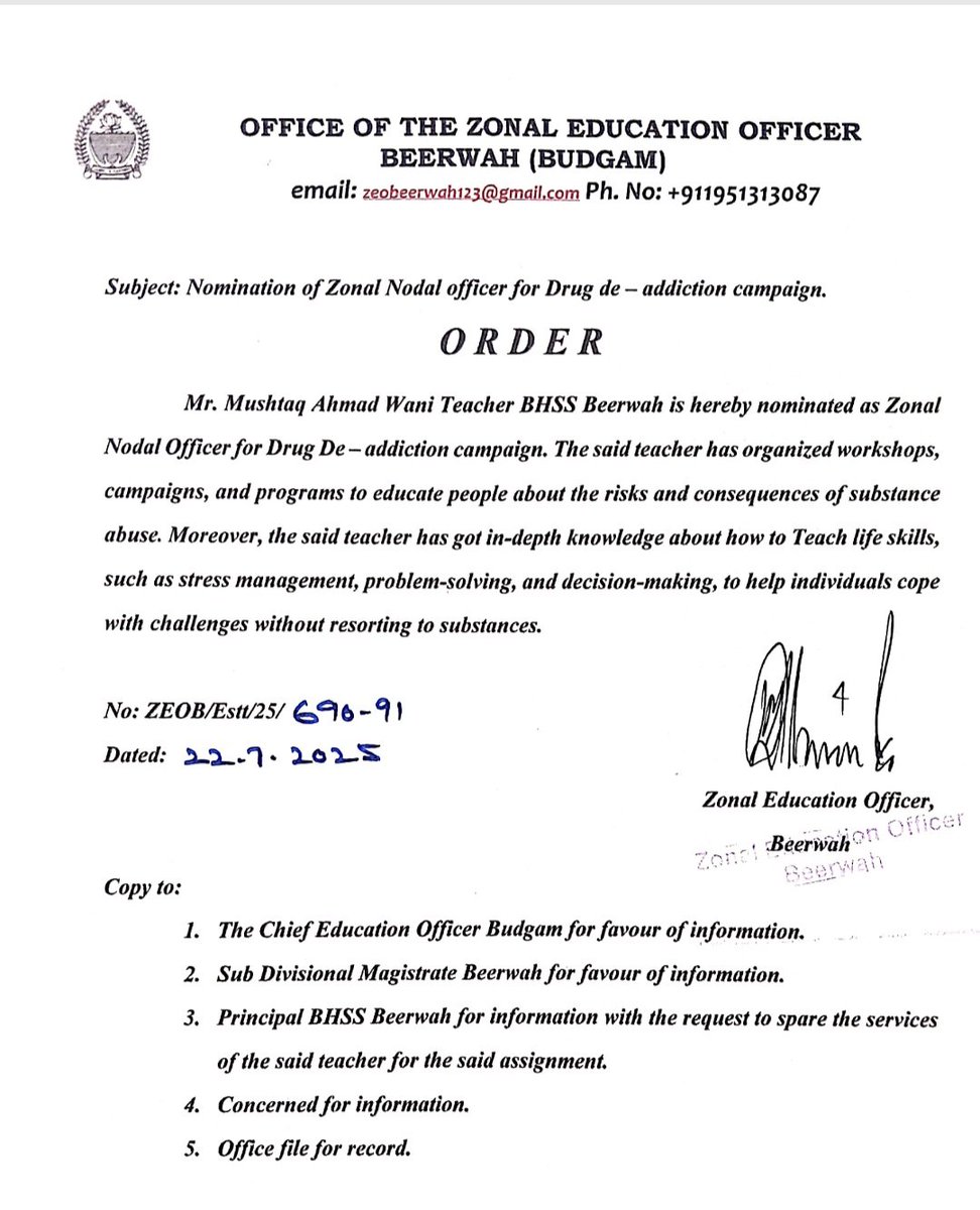 Nominated as Zonal Nodal Officer for drug de-addiction campaign in Beerwah after my little work was acknowledged by the Zonal Education Officer Beerwah. I am always  ready to offer my services for making the society drug free. 
<a href="/BudgamPolice/">BUDGAM POLICE</a> 
<a href="/DC_Budgam/">Deputy Commissioner Budgam</a> 
<a href="/DrGnitoo/">Dr.GN Itoo</a>