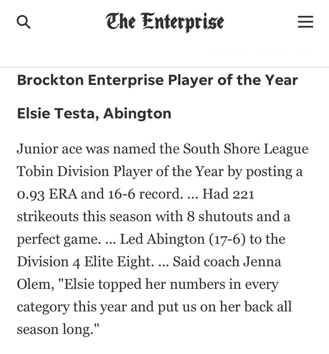 Elsie Testa 2026 (@elsietesta2026) on Twitter photo Thank you to the <a href="/BrocktonSports/">Brockton Enterprise sports</a> for naming me Player of the Year. I’m so grateful for my coaches for always pushing me and to my teammates for being by my side every step of the way. Thank you to the <a href="/BrocktonSports/">Brockton Enterprise sports</a> for naming me Player of the Year. I’m so grateful for my coaches for always pushing me and to my teammates for being by my side every step of the way.