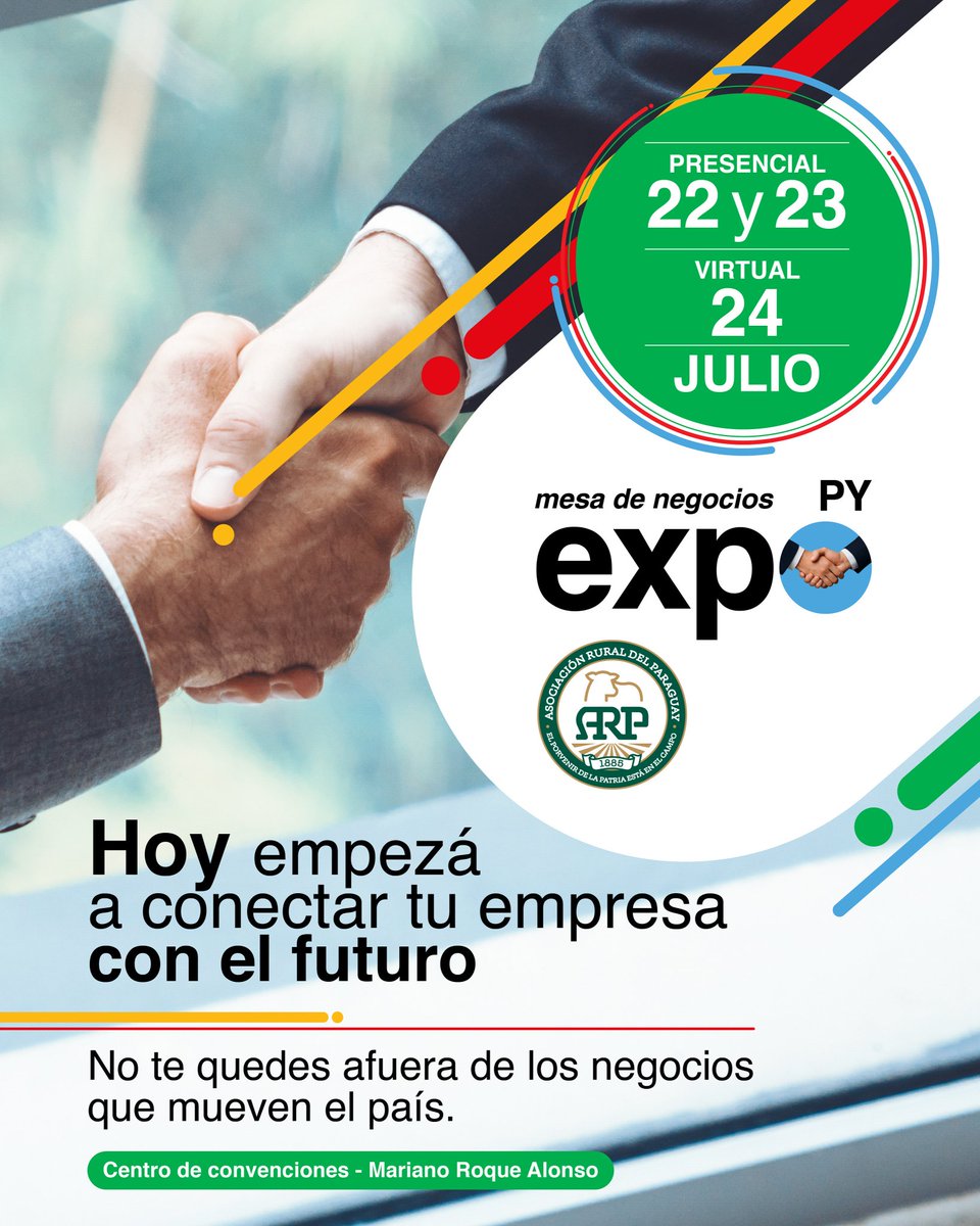 expo_py's tweet image. Hoy empresas de Paraguay y el mundo se encuentran para impulsar alianzas, ideas y oportunidades.
La Expo Mesa de Negocios te espera para llevar tu empresa a otro nivel.
📍Del 22 al 24 de julio – Salón de Convenciones
#ExpoParaguayARP2025 #LoQueMueveElPaís