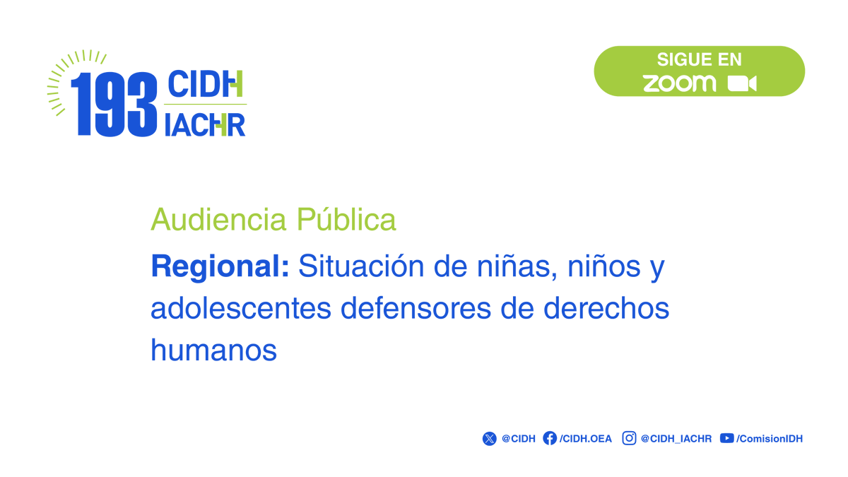 CIDH's tweet image. El segundo día de audiencias del #193PeríodoCIDH está por iniciar. El primer tema de hoy es la situación de niñas, niños y adolescentes defensores de derechos humanos a nivel regional.
🎥 Sigue la transmisión en vivo por YouTube: ow.ly/VXgv50WrU4Q
🌐¿Prefieres verla con…