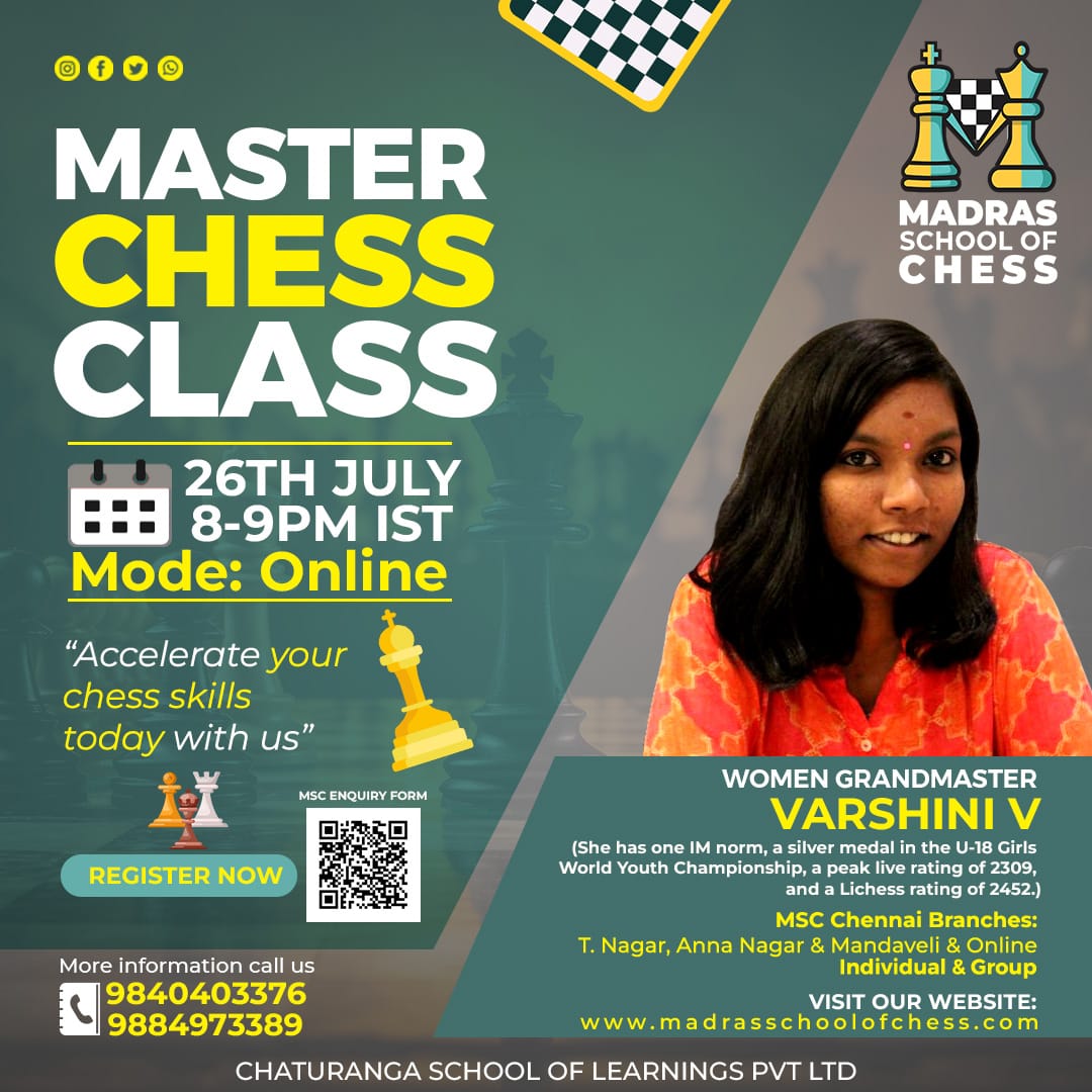 madraschess's tweet image. ♟️ Ready to elevate your chess journey with a Grandmaster's vision? #MadrasSchoolOfChess #BestChessCoaching #onlinechessclass #BestChessAcademychennai #TNagar #AnnaNagar #Mandaveli #Chennai #ViralVideo #TrendingNow #ChennaiBuzz #ParisOlympics #T20WorldCup
