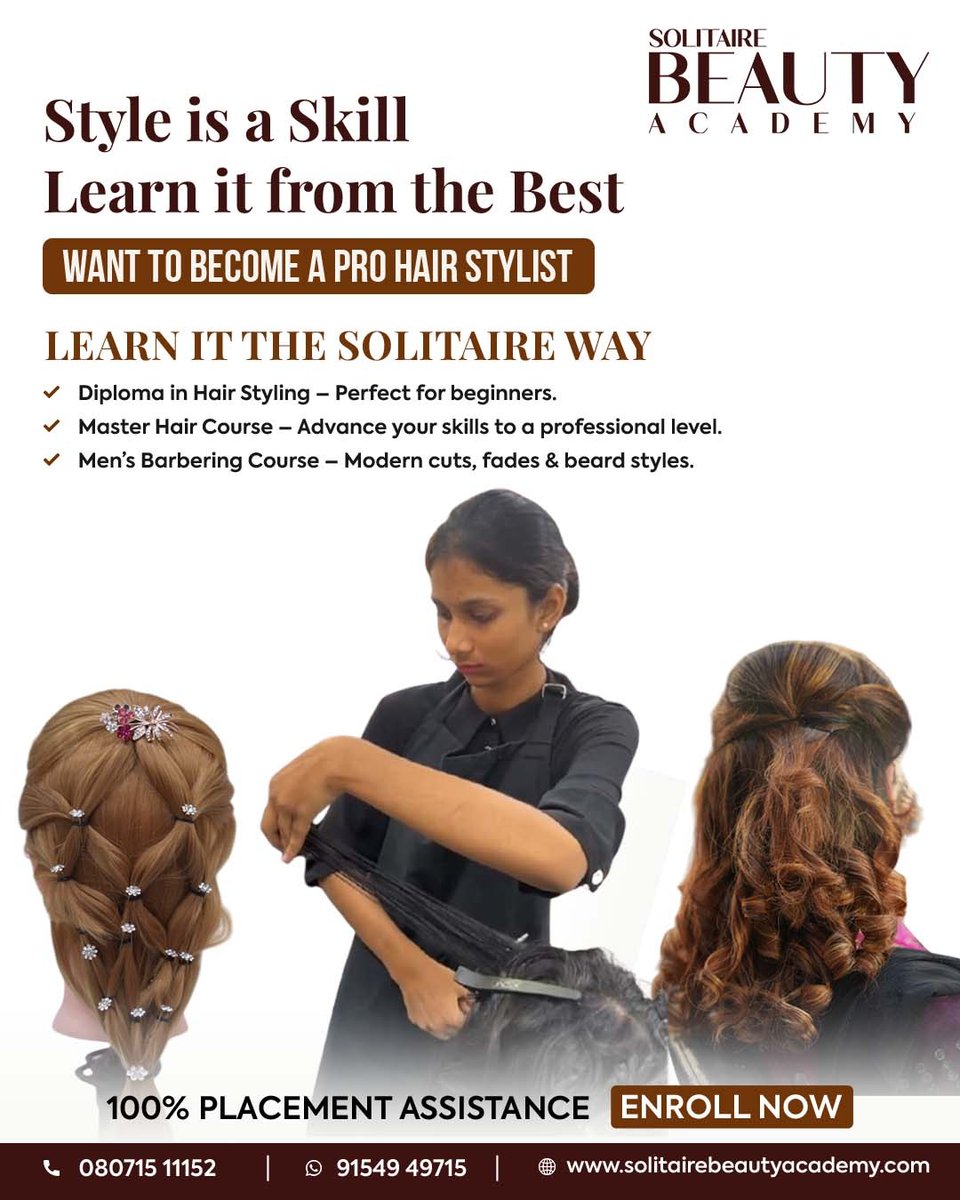 SolitaireB91825's tweet image. Style isn’t just talent — it’s TRAINING.
Contact us: 080715 11152, 91549 49715
🌐Solitairebeautyacademy.com
#solitairebeautyacademy #bestbeautyacademy #haircourse #hair #hairstyle #career #hairstylist #haircutting #haircoloring #hairspa #beauticiancourses #attapur #hyderabad