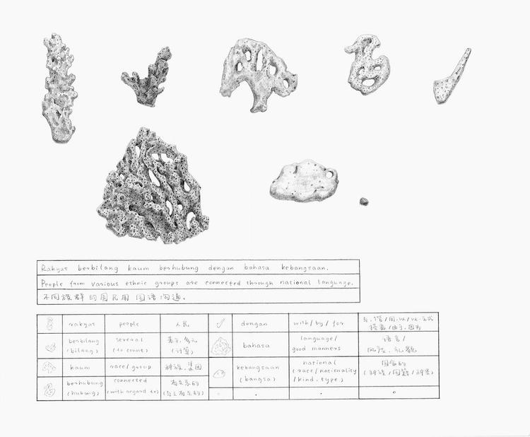 yakabikaj's tweet image. Chang Yuchen, Coral Dictionary
Inspired by the shapes of coral on a small Malaysian island and by a Chinese-Malay-English dictionary, the artist crafts a unique Malay script out of coral debris.