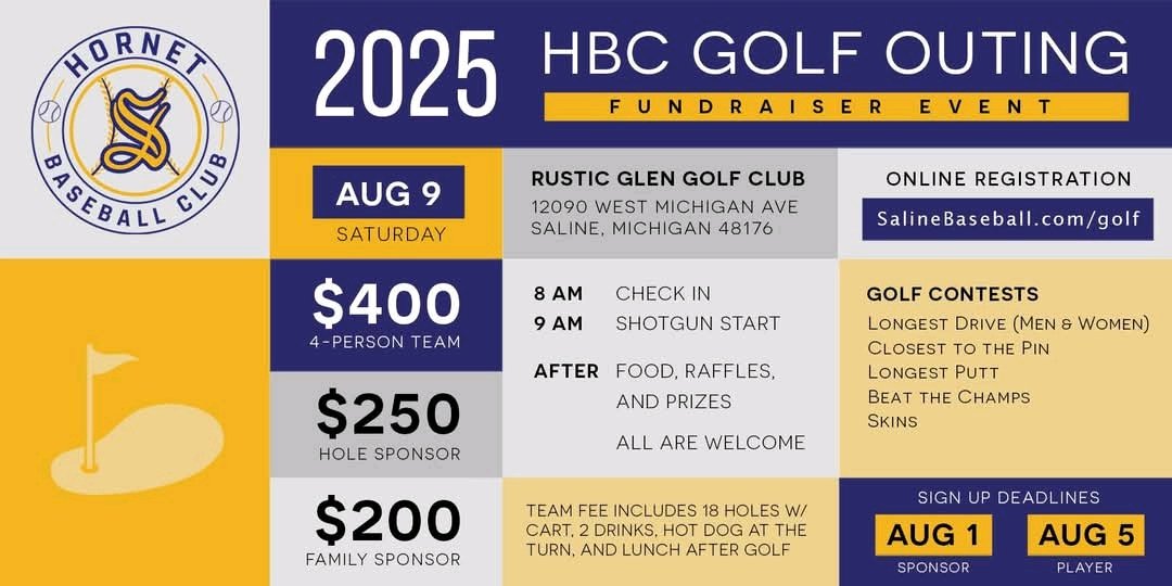 Do you love to Golf and want to support a great program?! Our Saline High School Baseball program is hosting a fun Golf Outing on August 9th. Grab some friends and sign your 4 person team up here salinebaseball.com/golf/