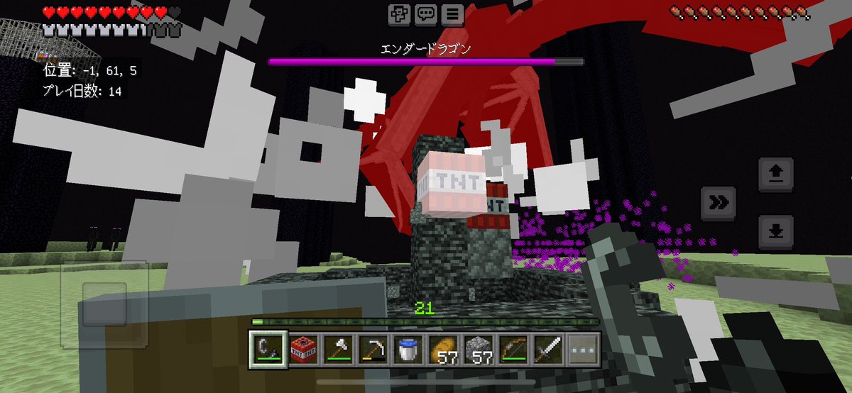 道中ピラミッドでTNT手に入れたから爆破用ベッドいらないわーって、あれ？ダメージ全然入らない。位置が悪いの？TNT湿気ってた？ベッドじゃないから怒ってんの？土台が黒曜石じゃないと嫌なの？あと時々羽根でTNT自体消すのやめてー！？
#Minecraft #マイクラ #火消しのウィンド #マイクラ界のゼクス