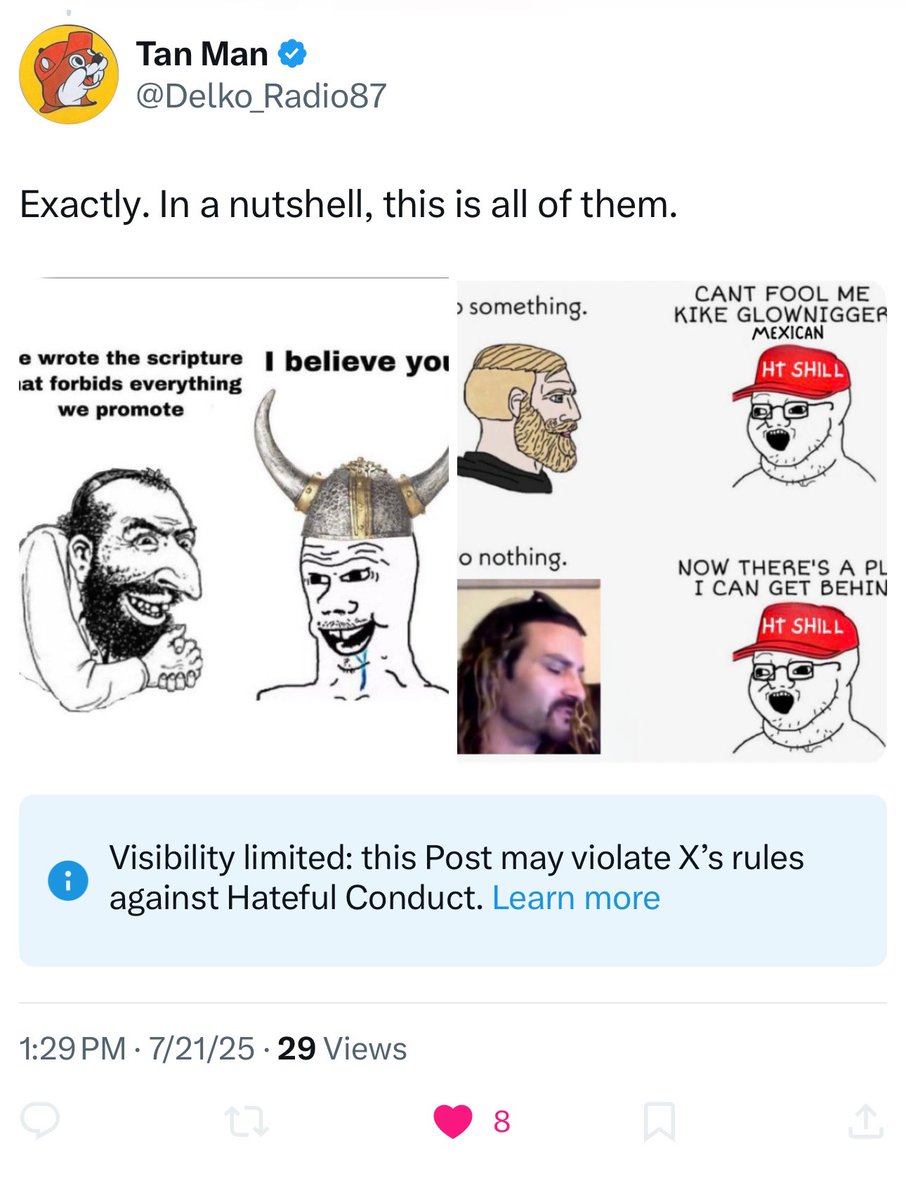 Delko_Radio87's tweet image. HT and his minions are mass reporting me right now, had to set my account to private. 
This behavior is cowardly, gay &amp;amp; jewish. 

Obvious these guys operate by different rules, openly calling for violence, they can say whatever degenerate shit they want, these guys even harass…