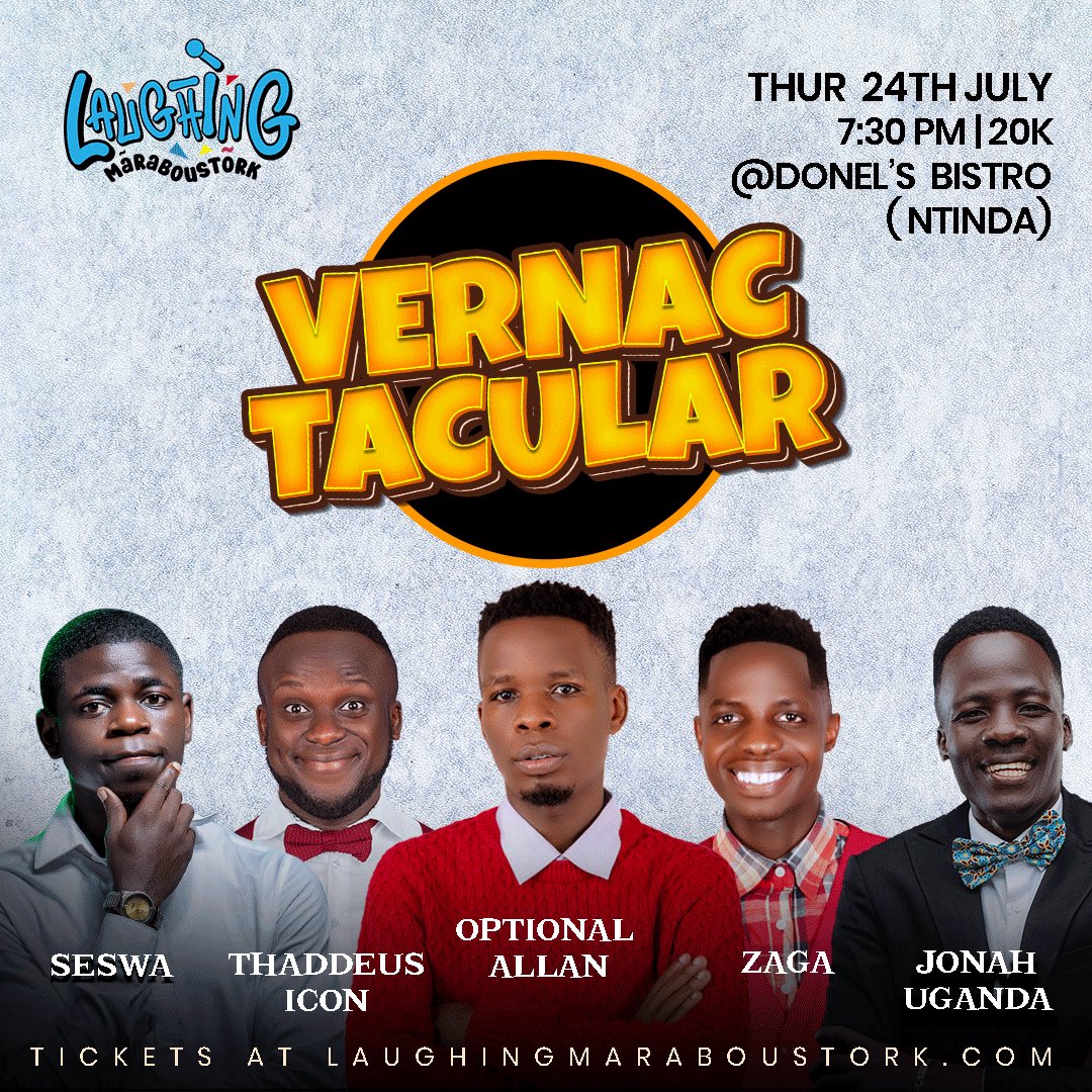 LaughMarabstork's tweet image. Our monthly Vernactacular show is back this Thursday at Donel’s Bistro (Ntinda) ft. @OptionalAllan, @ThaddeusIcon, Zaga, Jonah & Seswa. Tickets at laughingmaraboustork.com