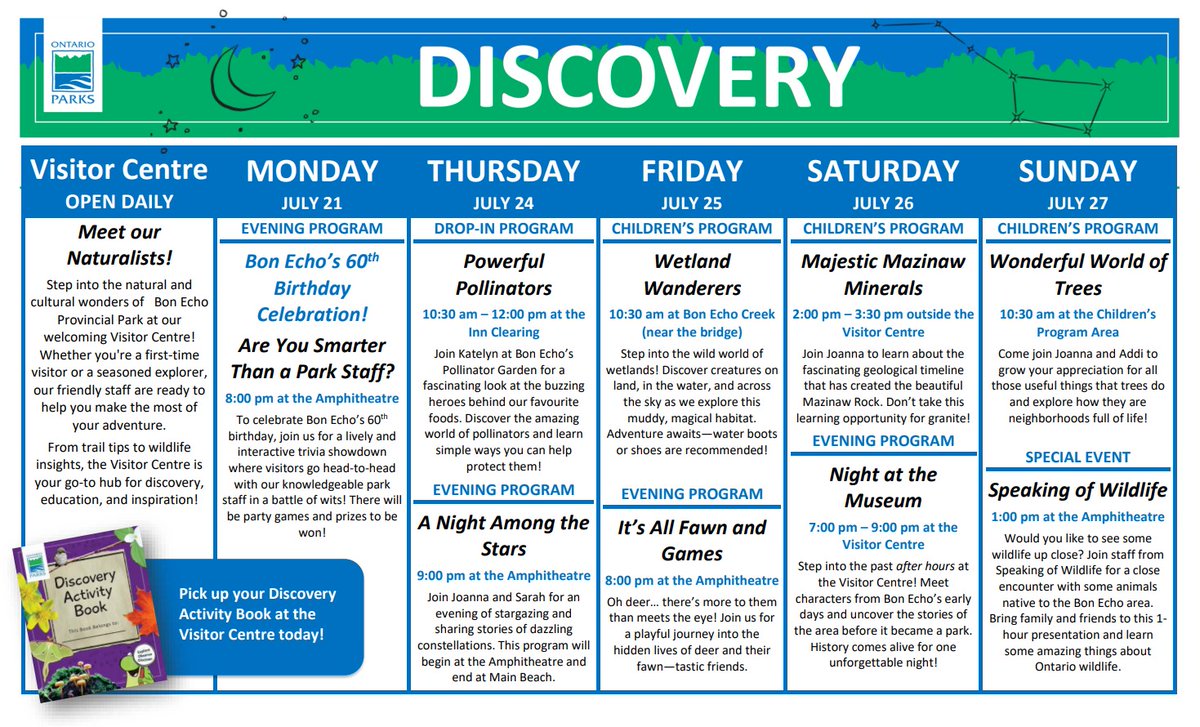 Discover what's happening this week in Bon Echo (July 15-20)! 🐜  

There is something fun for everyone!

Check out our park events page for a full list of park activities: ontarioparks.ca/park/bonecho/e…