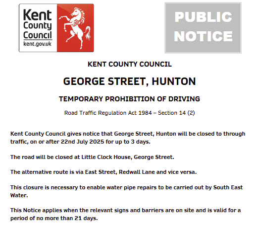 KCC Highways (@kenthighways) on Twitter photo Hunton, George Street: Road closed 22nd July for up to 3 days to allow for <a href="/sewateruk/">South East Water</a> pipe repair works: moorl.uk/?pmwtlk Hunton, George Street: Road closed 22nd July for up to 3 days to allow for <a href="/sewateruk/">South East Water</a> pipe repair works: moorl.uk/?pmwtlk