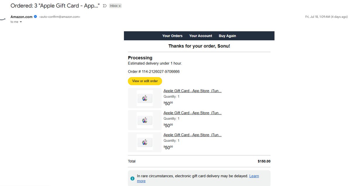jnvsonu52's tweet photo. @amazonIN @AmazonHelp My Amazon account was hacked. Someone ordered $150 worth of gift cards on https://t.co/B3cpkTNAeo without OTP, despite 2FA enabled. Now my https://t.co/FkdXseICWd account is locked too. No help, no support contact. Need urgent assistance to regain access. https://t.co/OAZgee0oNM