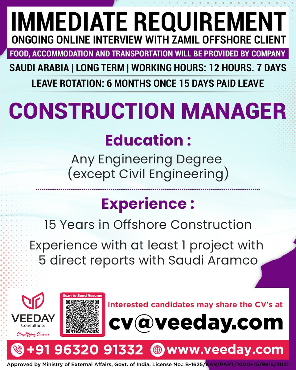 Immediate Requirement
Ongoing Online Interview With Zamil Offshore Client

#SaudiArabiaJobs #ConstructionManager #OffshoreJobs 
#OilAndGasJobs #ZamilOffshore #AramcoProjects #MiddleEastJobs 
#ImmediateHiring #VeedayRecruitment
