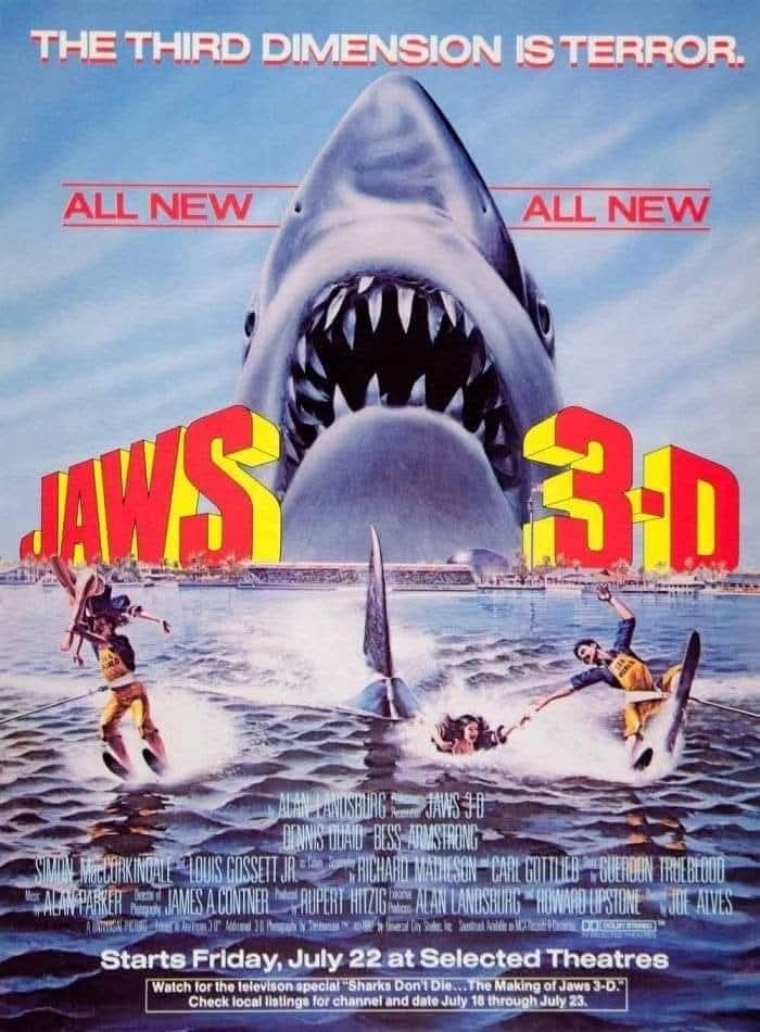 DaveBuzan's tweet image. "Jaws 3-D" was released on this day in 1983. Guilty pleasure sequel (doubling as both a disaster movie and unofficial remake of "Revenge of the Creature") from production designer/director Joe Alves and screenwriters Richard Matheson and Carl Gottlieb.
Highlights: Fun…