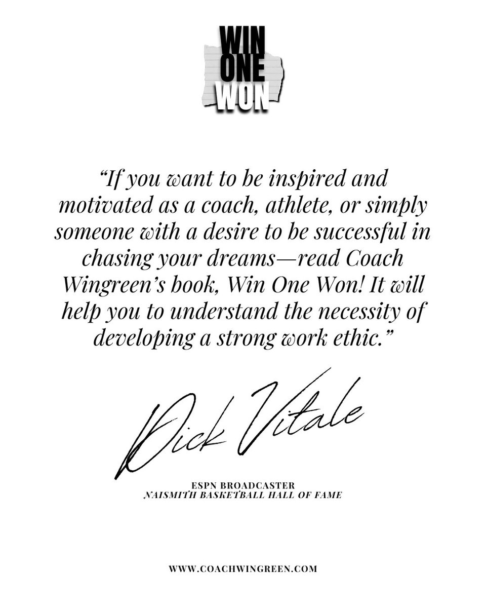 CoachWingreen's tweet image. 𝒲𝒾𝓃 𝒪𝓃𝑒 𝒲𝑜𝓃 releases on August 12!

Honored to have an endorsement from Dickie V! He’s inspired so many throughout his career and it means the world to have his support.

We will be doing a fundraiser at a game this season to donate proceeds from book sales to the Dickie…