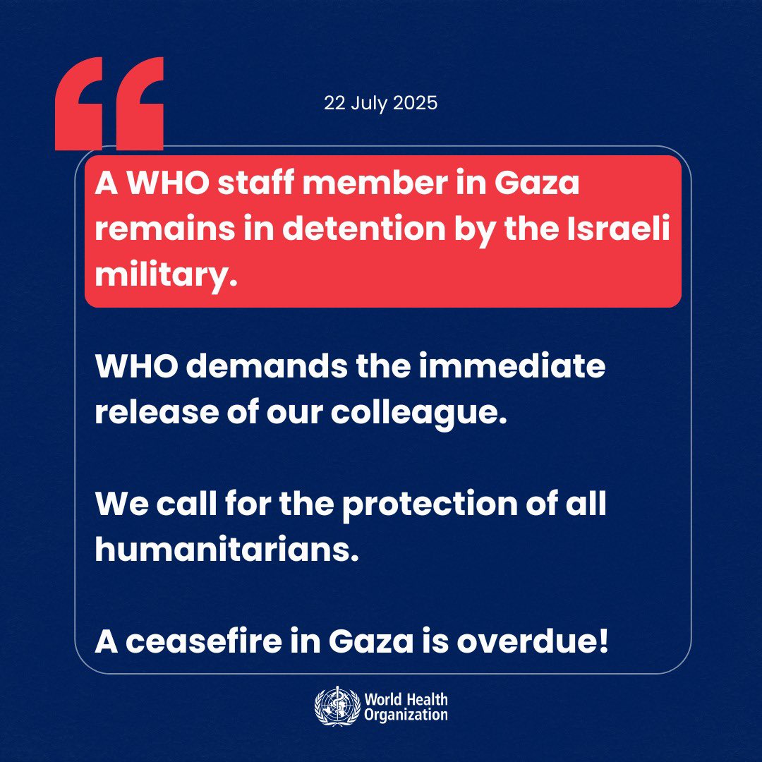DrTedros's tweet image. A @WHO staff member in #Gaza remains in detention by the Israeli military.: bit.ly/4mblmrU
WHO demands the immediate release of our colleague. We call for the protection of all humanitarians.
A ceasefire in Gaza is overdue!