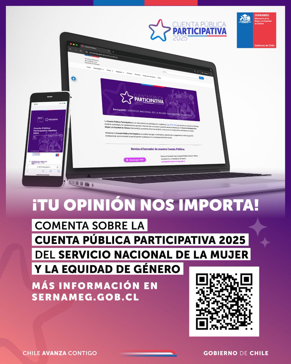 SernamEG Antofagasta (@sernamegantofa) on Twitter photo ¡Ya está disponible el borrador de la #CuentaPúblicaParticipativa2025 del Servicio Nacional de la Mujer y Equidad de Género!
📌Les invitamos a opinar sobre nuestra gestión 2024.
Más información en sernameg.gob.cl
📩Escribenos al correo cuentapublica@sernameg.gob.cl ¡Ya está disponible el borrador de la #CuentaPúblicaParticipativa2025 del Servicio Nacional de la Mujer y Equidad de Género!
📌Les invitamos a opinar sobre nuestra gestión 2024.
Más información en sernameg.gob.cl
📩Escribenos al correo cuentapublica@sernameg.gob.cl