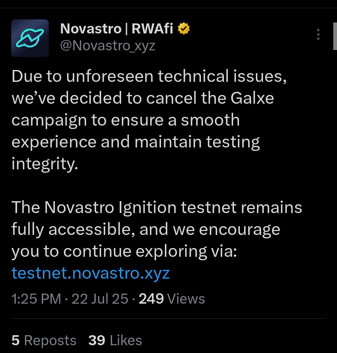 Toobbss's tweet image. Breaking 📢
@Novastro_xyz cancels galxe task!
Had a lot of fun clicking and acquiring new property on novastro testnet.
Good choice