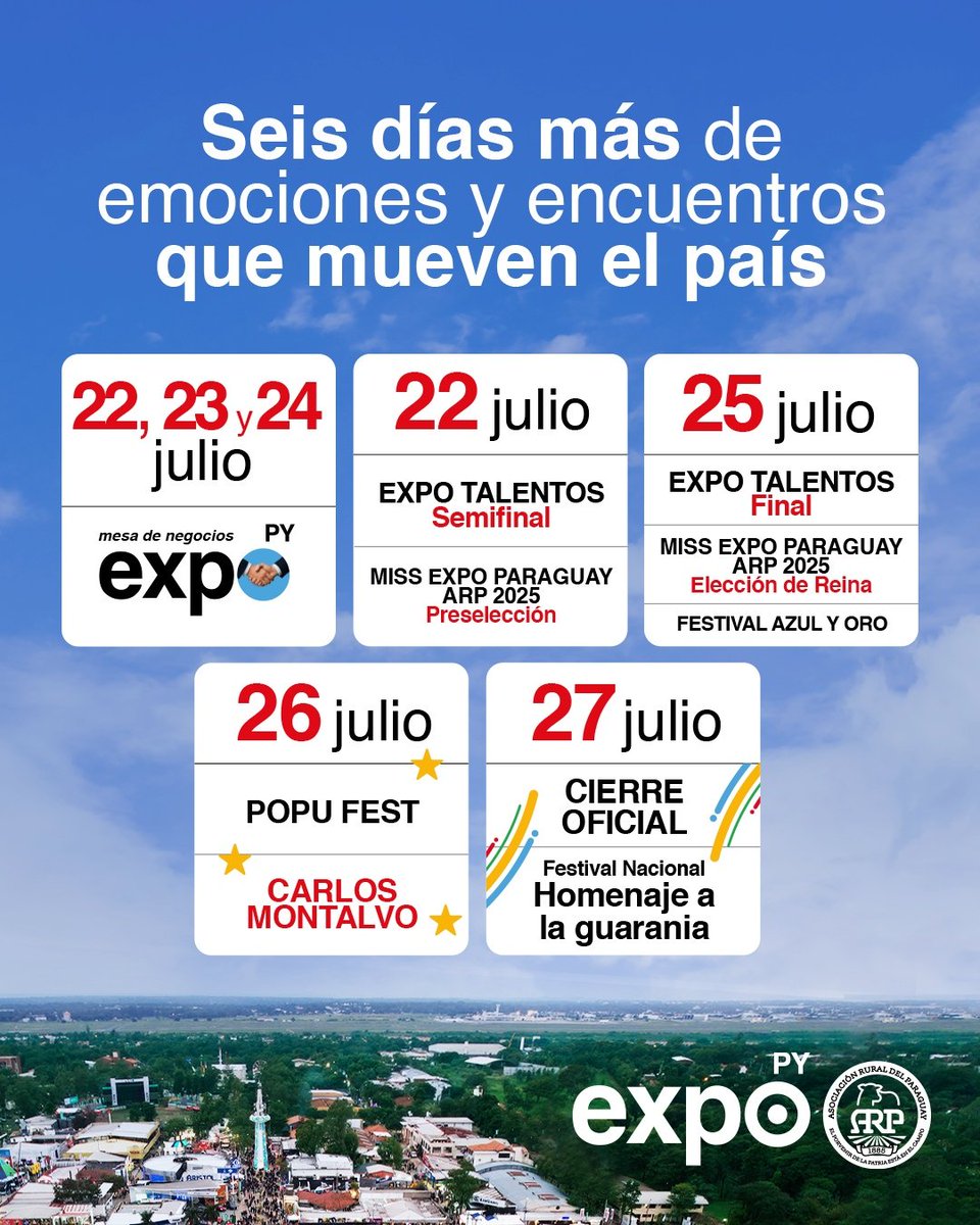 expo_py's tweet image. La Expo Paraguay ARP 2025 entra con todo a su recta final 
Conciertos, homenajes, ferias, encuentros y competencias.
Del 22 al 27 de julio, viví cada día como una experiencia única.
Es la última semana, pero la energía sigue al máximo.
#ExpoParaguayARP2025 #LoQueMueveElPaís