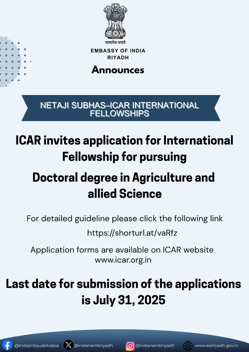 IndianEmbRiyadh's tweet image. ICAR announces Netaji Subhas–ICAR International Fellowships!

Pursue doctoral degree in Agriculture &amp;amp; Allied Sciences from prestigious global universities!

For detailed guideline please click the following link:
eoiriyadh.gov.in/page/netaji-su…  

For more information, kindly visit ICAR…