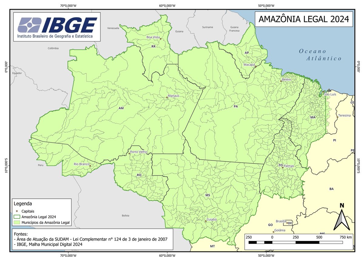 eixopolitico's tweet image. 🇧🇷 Mapa da Amazônia Legal publicado pelo IBGE ignora a existência do Acre e inverte Mato Grosso com Mato Grosso do Sul.
