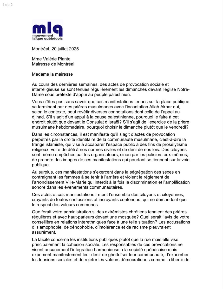 RPLQuebec's tweet image. 📣 📬 Lettre du Mouvement Laïque Québécois signée par le RPL envoyée à la mairesse de Montréal @Val_Plante la presser d'agir afin de mettre fin aux prières de rue qui ne cessent d'envenimer le climat social.