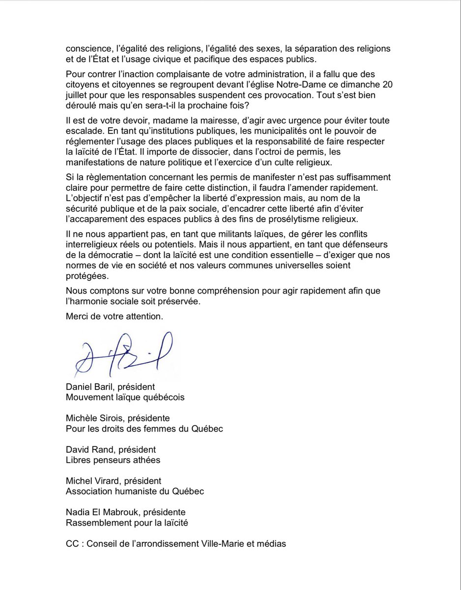 RPLQuebec's tweet image. 📣 📬 Lettre du Mouvement Laïque Québécois signée par le RPL envoyée à la mairesse de Montréal @Val_Plante la presser d'agir afin de mettre fin aux prières de rue qui ne cessent d'envenimer le climat social.