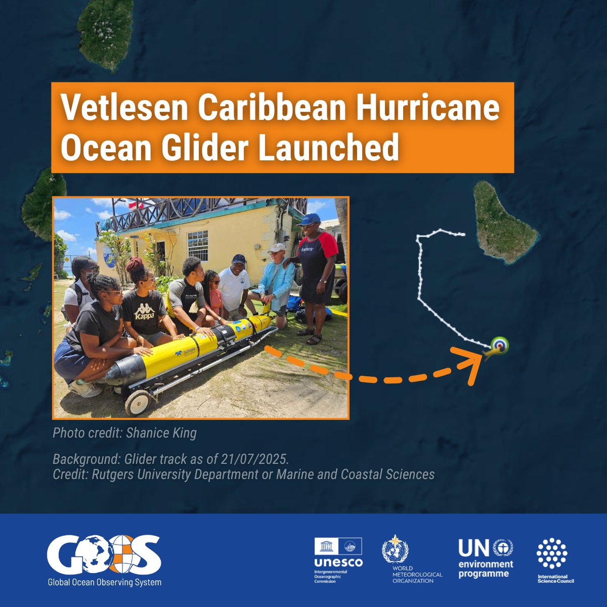GOOSocean's tweet image. 🌀 The Vetlesen Caribbean Hurricane Ocean Glider is now at sea!
For 3 months, the glider will dive to 1,000m between Barbados & Guyana, collecting vital ocean data to boost hurricane forecasts.
A big step for Caribbean ocean observing and GOOS Ocean Observing Co-Design!👏