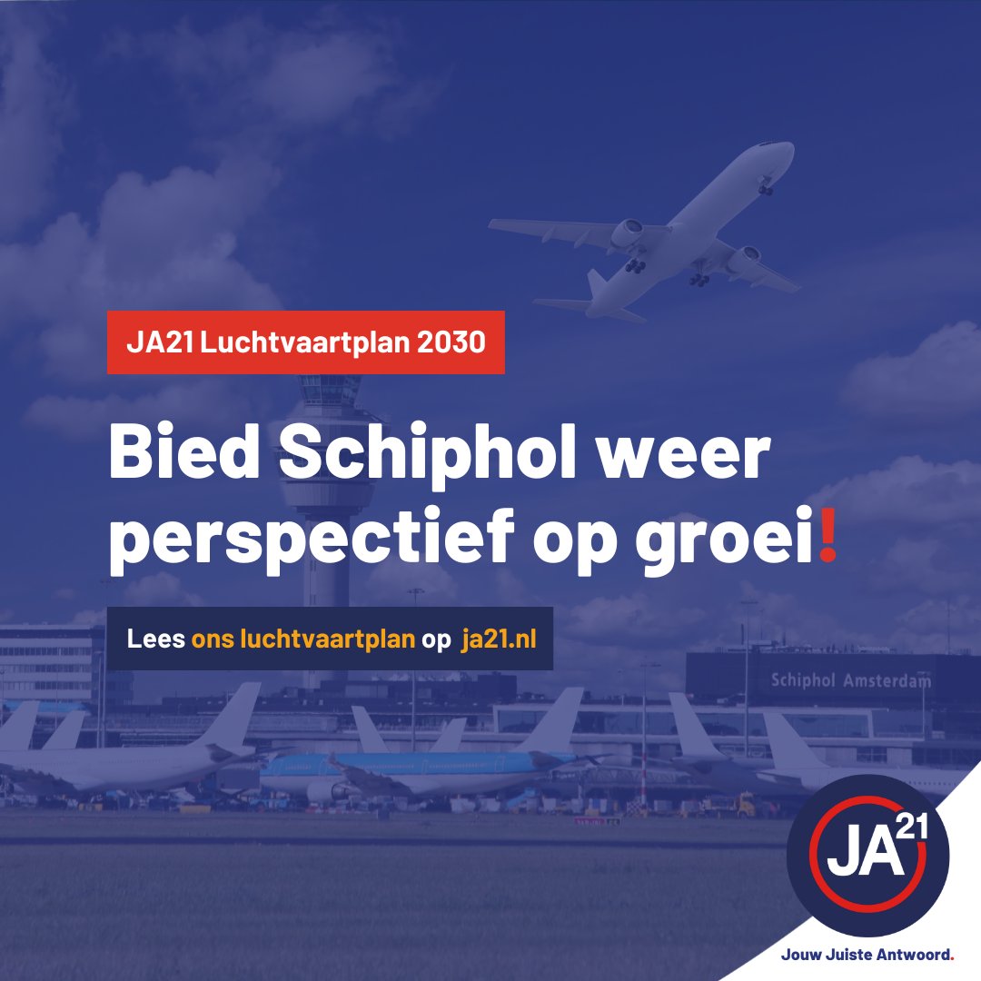 Het is tijd voor een koerswijziging in het luchtvaartbeleid. Daarom presenteert JA21 het Luchtvaartplan 2030: voor betaalbaar vliegen, perspectief op groei voor Schiphol en betere bereikbaarheid van onze regionale luchthavens.

👉 Lees het plan op ja21.nl/actueel/nieuws…
