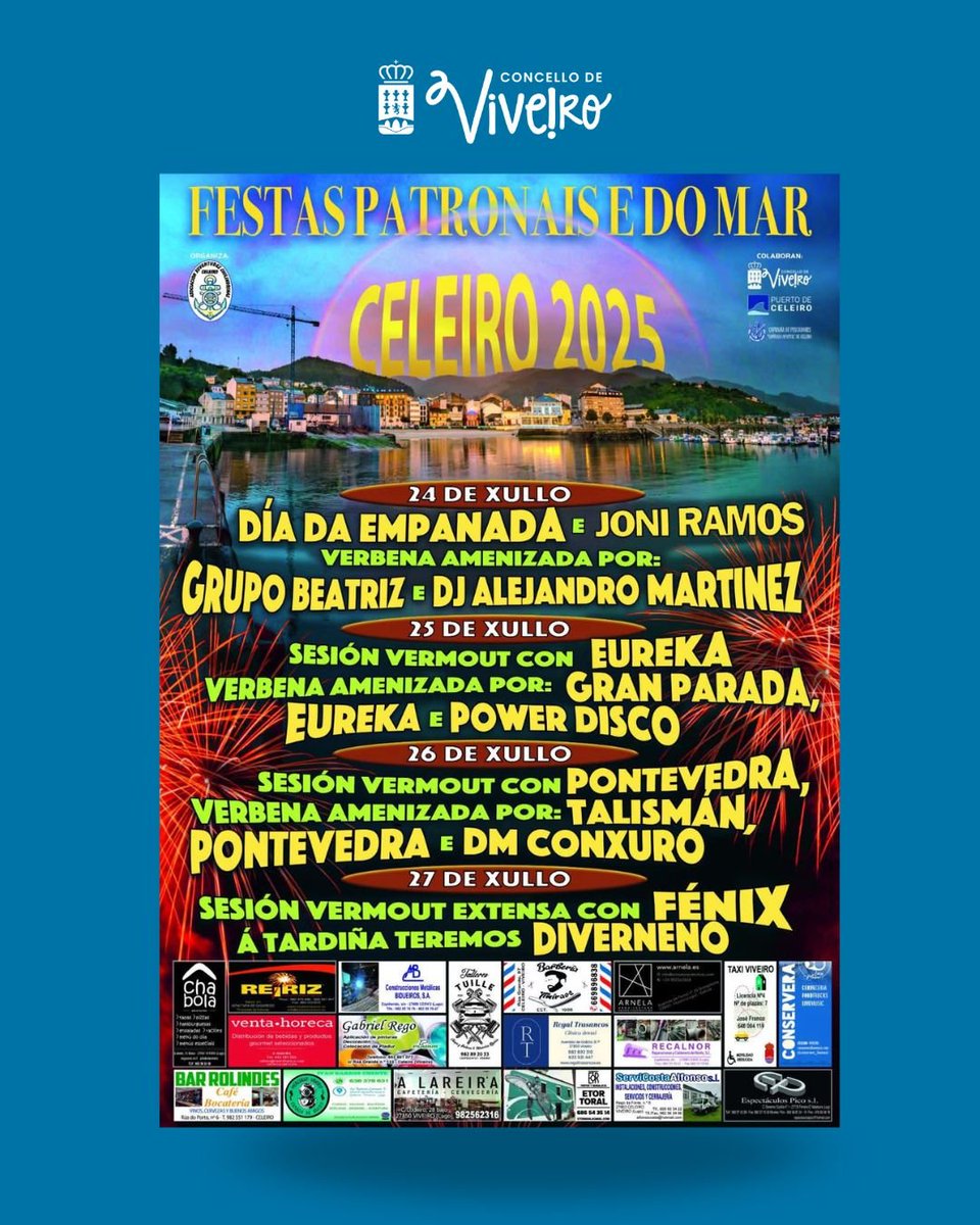 🥳 𝐅𝐞𝐬𝐭𝐚𝐬 𝐏𝐚𝐭𝐫𝐨𝐧𝐚𝐢𝐬 𝐞 𝐝𝐨 𝐌𝐚𝐫 – 𝐂𝐞𝐥𝐞𝐢𝐫𝐨 𝟐𝟎𝟐𝟓 

🗓️ Do 24 ao 27 de xullo, Celeiro énchese de música, verbena e tradición!

 🕺💃 Actuacións de grupos como Beatriz, Eureka, Gran Parada, Pontevedra, Talismán... e moito máis!