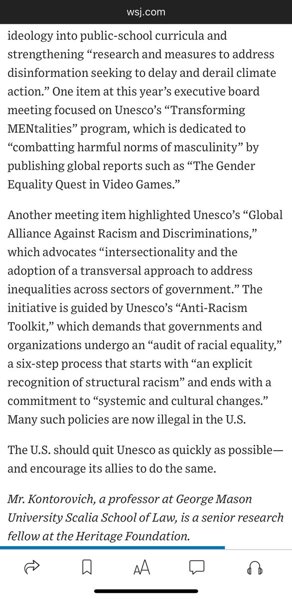 EVKontorovich's tweet image. BREAKING: @nypost reports U.S. is quitting @UNESCO for its relentless promotion of woke, racialist, progressive, and antisemitic policies. I called out many of the same examples in a @WSJ oped (on right) a few months ago…