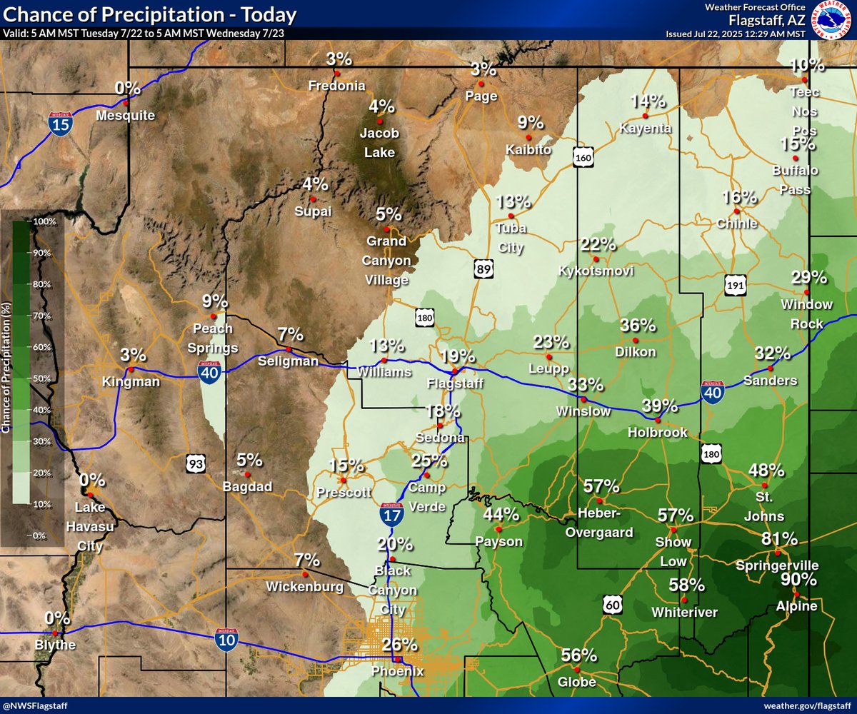 NWSFlagstaff's tweet image. Showers and thunderstorms are possible again today, especially across eastern Arizona. Heavy downpours and gusty winds will be the main hazards. #azwx