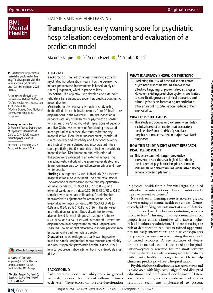 BMJMentalHealth's tweet image. 📣 New in @BMJMentalHealth 👇🏼
Early Warning Score Predicts #Psychiatric #Hospitalisation Across #Diagnoses with High Accuracy
A step forward for timely, #preventative #mentalhealth care.
@MaximeTaquet
@seenafazel
Link: 👇🏼 mentalhealth.bmj.com/content/28/1/e…