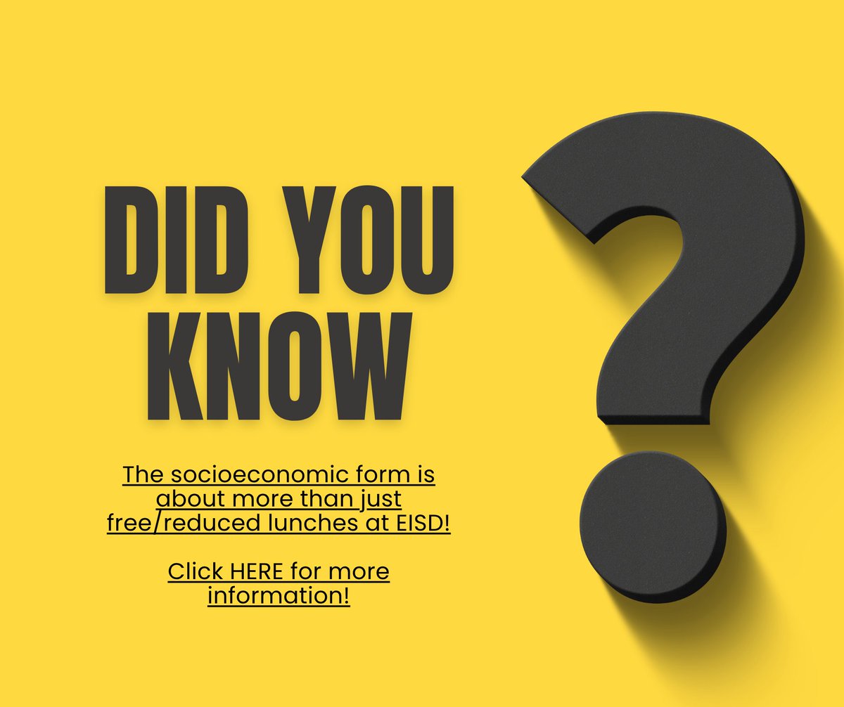 EnnisISD's tweet image. The socioeconomic form is about more than just free/reduced lunches at EISD!
Please click the link below to learn more.
ennis.k12.tx.us/our-district/b…