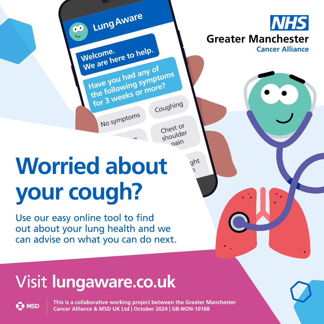 GM_Cancer's tweet image. Worried about your cough?
Use our easy online tool where we’ll ask you a few short questions to find out about your lung health, and we can advise on what you can do next.
To find out more visit lungaware.co.uk
#GMLungAware