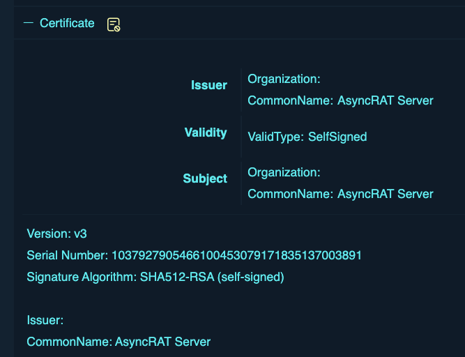 Securityinbits's tweet photo. I’ve been tracking recent AsyncRAT infra using a simple query — it flags C2 server using the default certificate.

Use this @fofabot query 👇

cert .issuer.cn="AsyncRAT"
Found over 160+ unique IPs hosting AsyncRAT

Top 3 ports (last 3 months)
➊ 7777
➋ 8888
➌ 4444

Cert:
